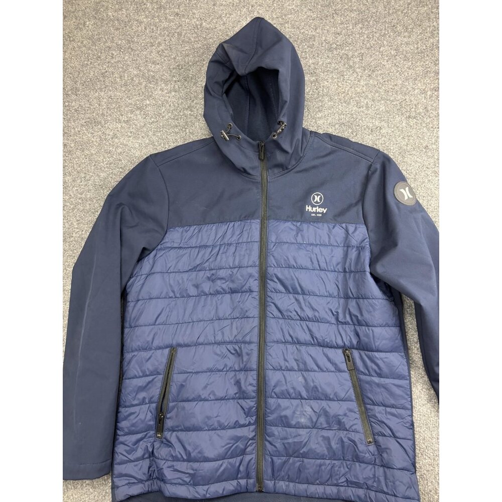Hurley Jacket Mens‎ Large Blue Hooded Quilted Softshell Hybrid Zip Pockets Logo